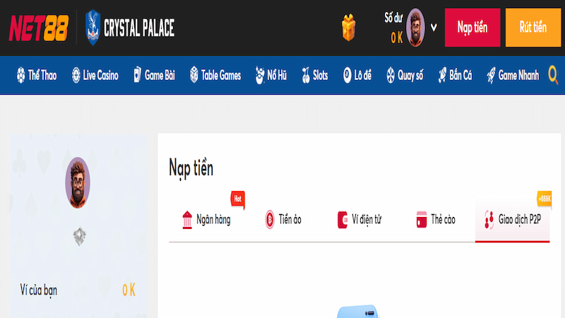 Giao diện nạp tiền Net88 đa dạng phương thức với tiện ích giao dịch P2P